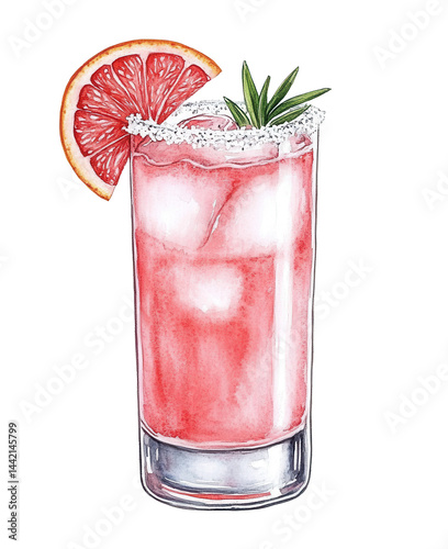 PNG Paloma cocktail with grapefruit slices, ice cubes, and sparkling soda in a tall glass. Watercolor illustration on white background. Summer citrus drink and tropical cocktail concept for design 