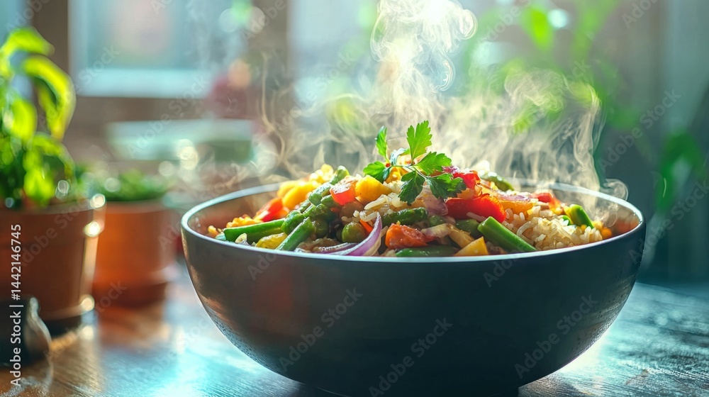 Freshly Cooked Vegetable Stir-Fry with Colorful Toppings and Steam Freshly Cooked Vegetable Stir-Fry with Colorful Toppings and Steam