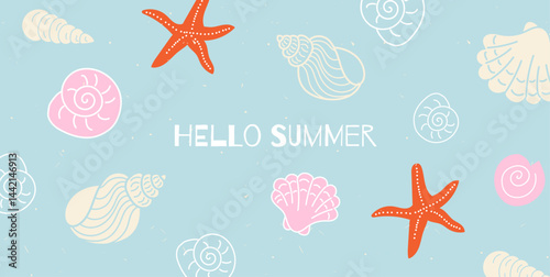 Summer banner, poster, cover, card with cute beach & vacation hand drawn doodle elements. Vector design template for sale, discount, branding, social media ads, promo, festivals, holiday greetings.