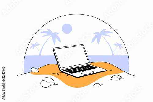 Laptop resting on sand, beach background, remote work scene with copy space