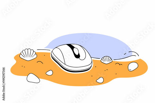 Wireless mouse on sandy beach with shells, tech and travel blend