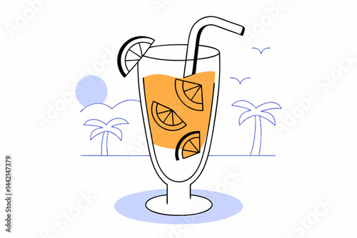 Tropical fruit drink with straw, orange slice, summer refreshment flat style