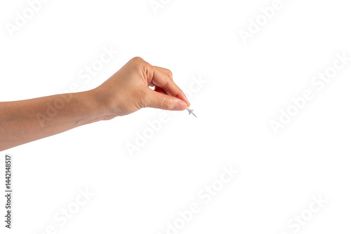 Sewing push pin in hand isolated on transparent background