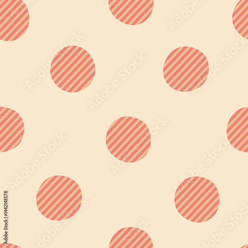 Seamless vector pattern featuring striped retro polrf dots on warm pastel base. Playful stylish twist on classic dot pattern. Perfect for childrens products packaging print design