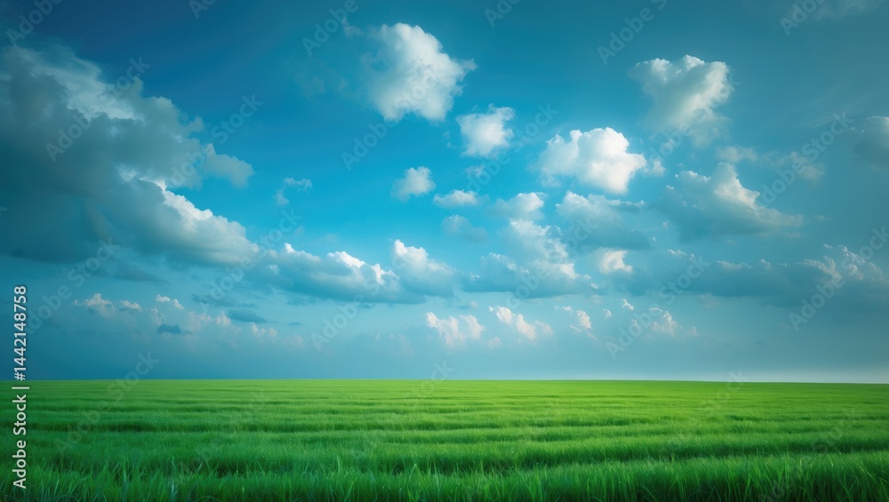 Fototapeta premium Beautiful dawn over a lush green field and clear blue sky