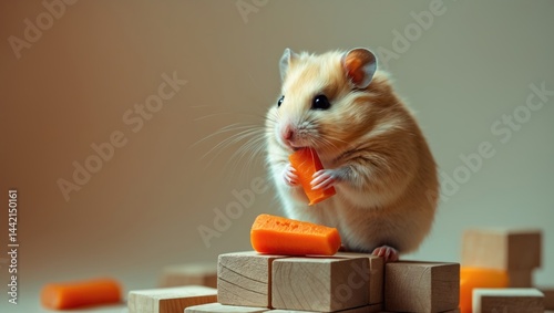 Carrot being eaten by Golden Hamster on top of building blocks