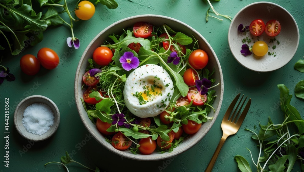 Bird's-eye view of a salad comprising tomatoes, arugula, cheese, and microgreens on a backdrop. Bird's-eye view of a salad comprising tomatoes, arugula, cheese, and microgreens on a backdrop.