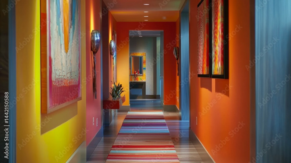 Fototapeta premium Vibrant Hallway with Colorful Art and Modern Decor in Home