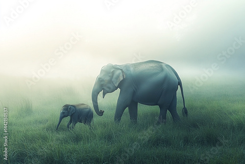 Elephant family strides through misty grass, creating a surreal wildlife scene