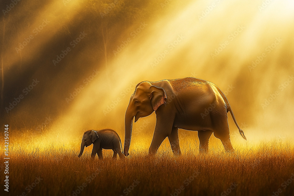 Golden hour embrace: A mother elephant guides her calf through tall grasses