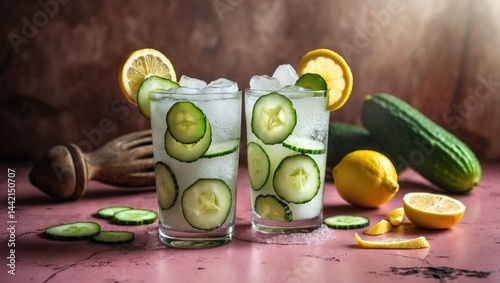 Cucumber garnished mojito glasses on the table