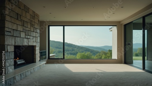 Generous open-plan living room with basement walkout overlooking landscape