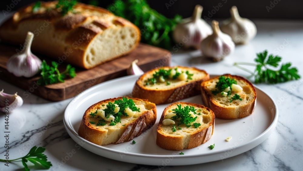 Flat lay of toasted bread slices with garlic and herbs on marble table, room for text Flat lay of toasted bread slices with garlic and herbs on marble table, room for text