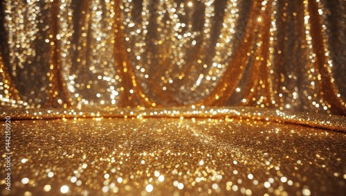 Lovely golden glitter canvas. Texture. Holiday-themed background with golden sequins, copyspace. Radiant sequined textile.