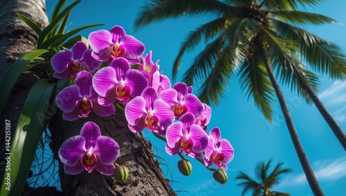 Petite bromeliads. Miniature bromeliads growing on a palm tree trunk against a clear blue sky. Bromeliads are air plants that solely depend on water for their survival.