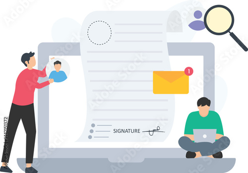Office workers are collaborating on a digital document displayed on a laptop screen, symbolizing online document management, electronic signatures, and communication in a modern office setting

