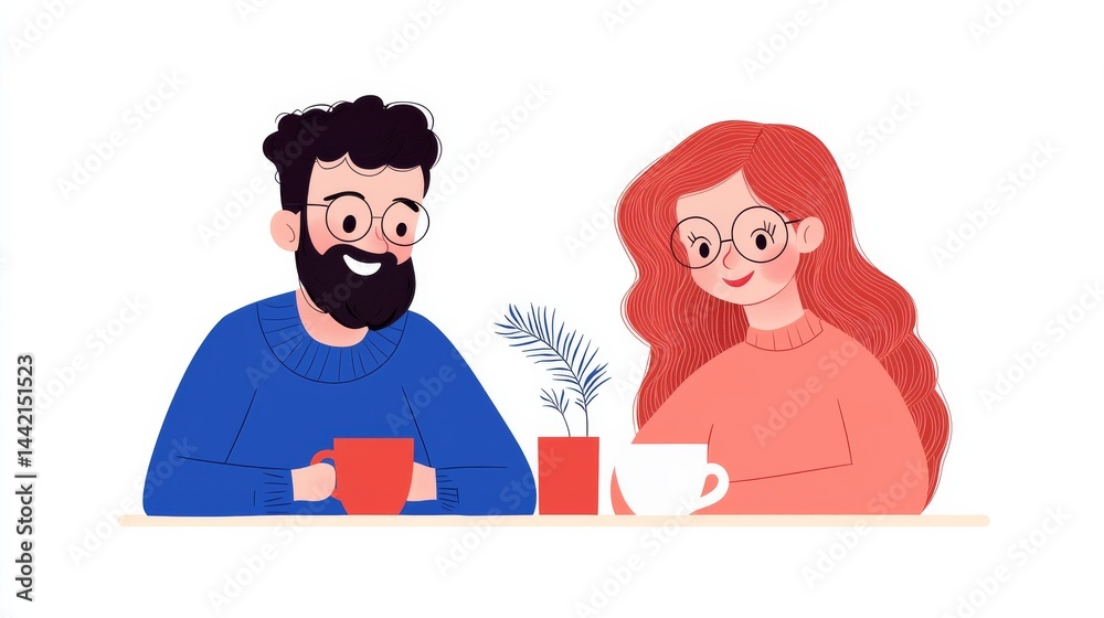 Fototapeta premium Flat Design Illustration of a Couple Enjoying Warm Beverages at a Table with Joyful Expressions