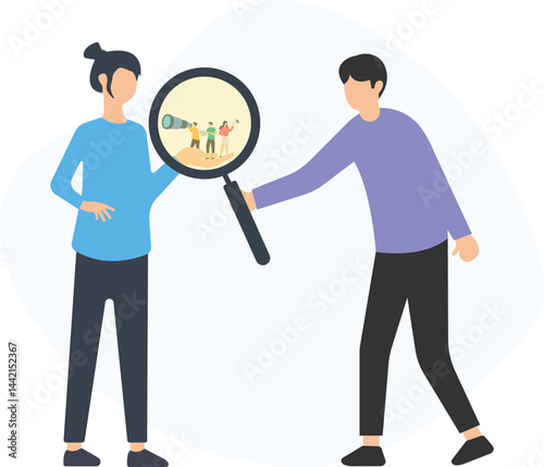 Market researchers are using a magnifying glass to observe a group of people, representing the concept of target audience analysis and market research

