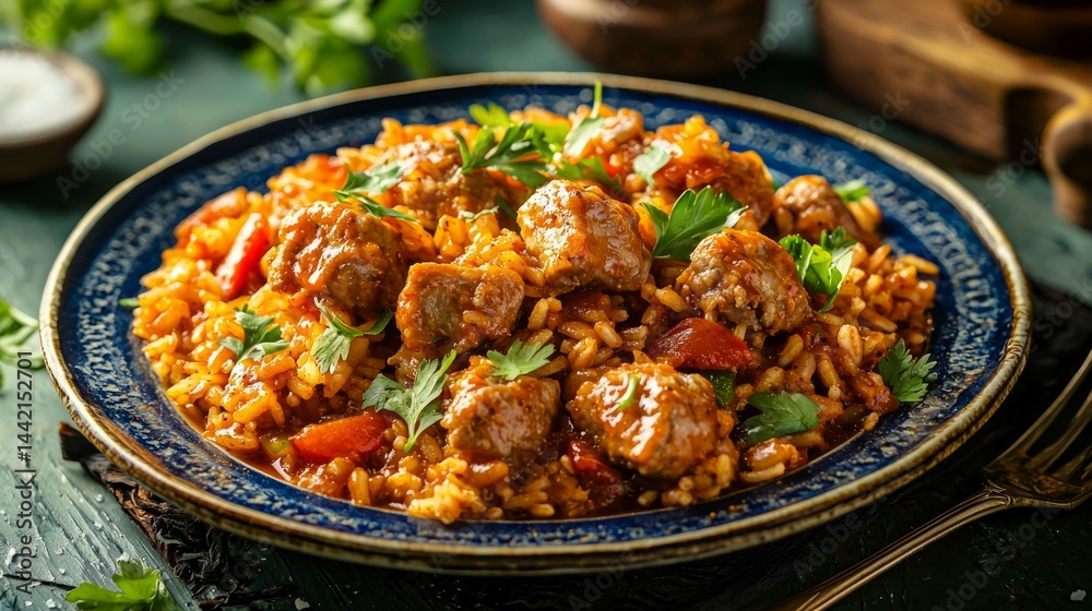 Fototapeta premium Savory rice dish with meat and vegetables in a rustic setting