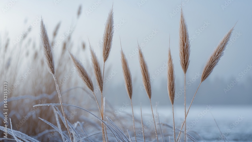 Fototapeta premium Icy beauty and texture of frozen plants create a tranquil winter ambiance.