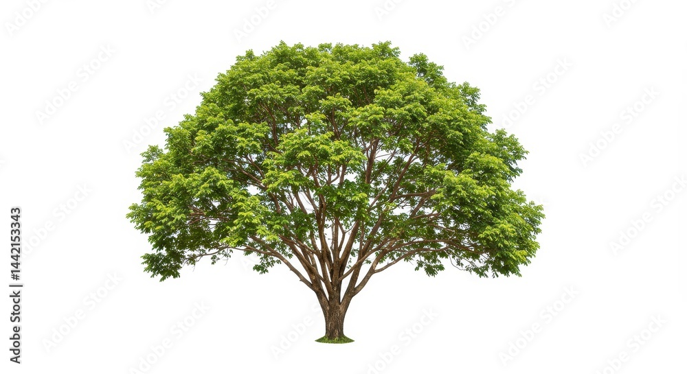 Fototapeta premium A single mature tree with a full green canopy isolated against a plain white background in a studio shot