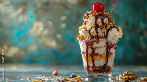 Obraz na płótnie Exquisite dessert with ice cream, nuts, and cherry on top w salonie