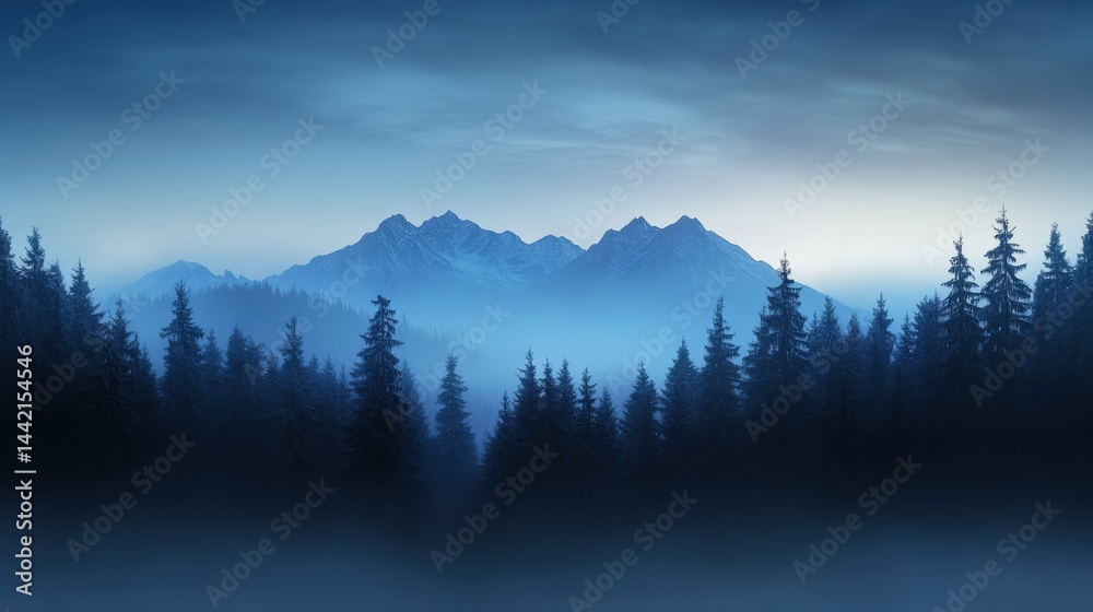Obraz premium Mountain view with forest and fog