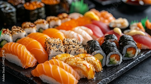 Fresh and Colorful Sushi Platter with Various Seafood Delicacies
