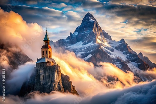 Majestic Mountain Tower in Misty Cloudy Sky - High Depth of Field