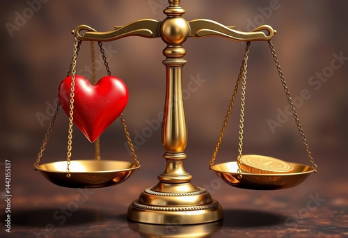Scales of justice balanced, red heart on one side, gold coin on the other, conflict, decision