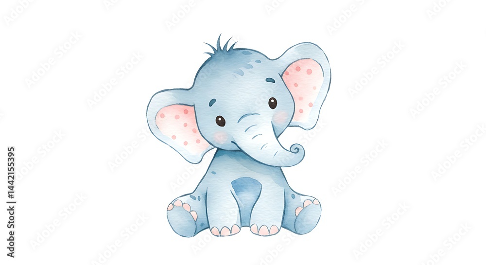 Fototapeta premium Cute Elephant Sitting Illustration, Light Blue and Pink Pastel Drawing