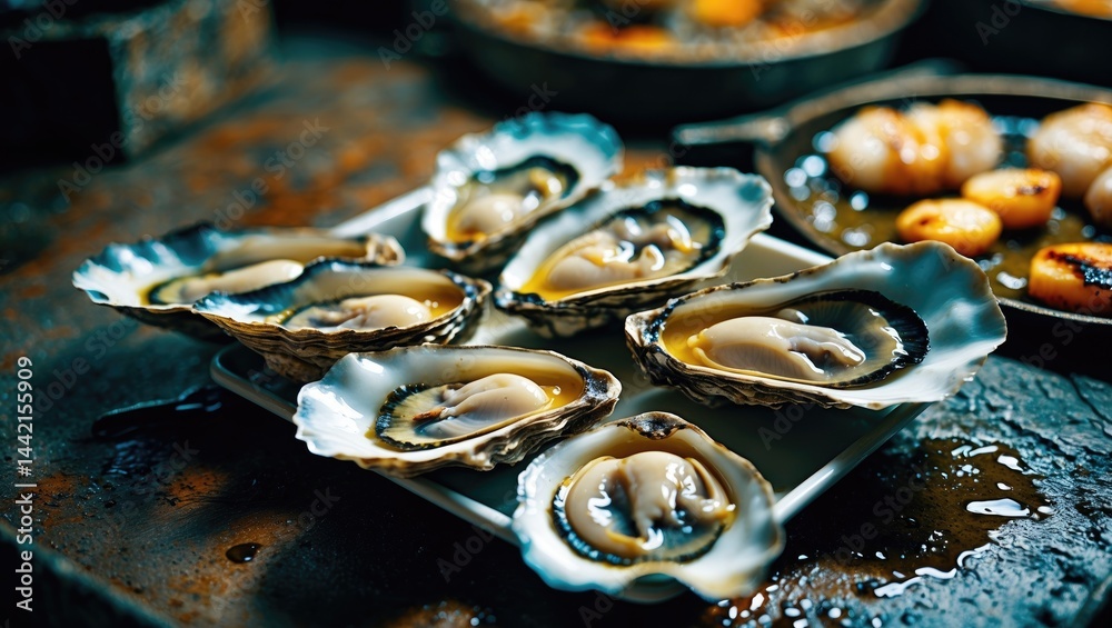 Oysters, squid, and scallops grilled, emphasizing seafood freshness at the market. Oysters, squid, and scallops grilled, emphasizing seafood freshness at the market.