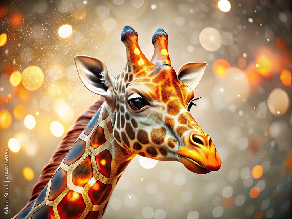 Metallic Giraffe Head, Bokeh, Orange Accent, AI Art