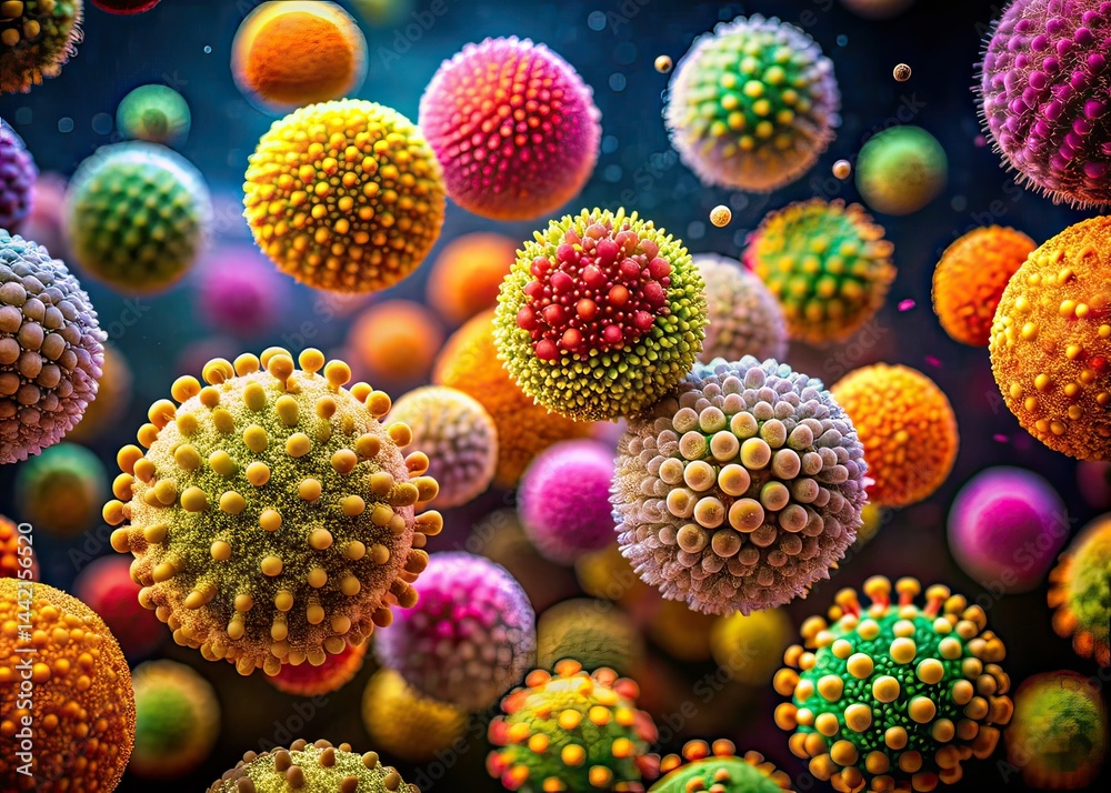 Microscopic Pollen Grains Bokeh, Detailed Close-up, Vibrant Colors