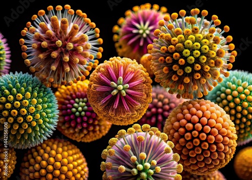 Microscopic Pollen Grains: Intricate Floral Structures, Low Light