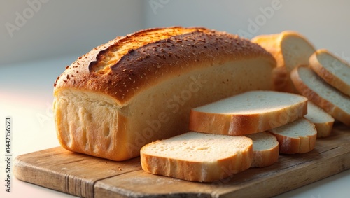 Loaf of sliced bread on a wooden cutting board, isolated against a white background with clipping path
