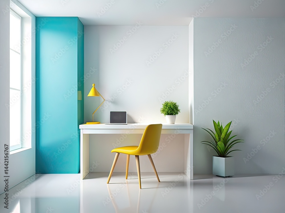 Minimalist Asymmetrical Desk Alcove Design, White, Copy Space
