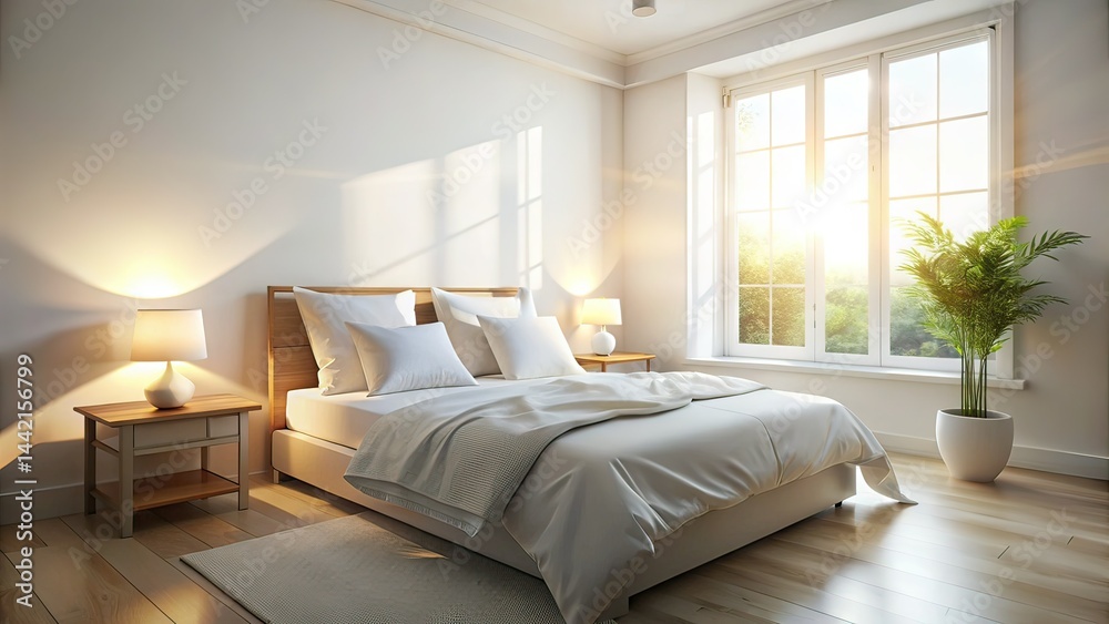 Minimalist Bedroom Double Exposure - White Bedding, Soft Shadows