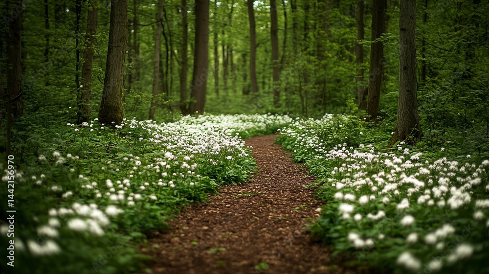 Enchanting woodland path fringed by a vibrant display of flourishing wild garlic
