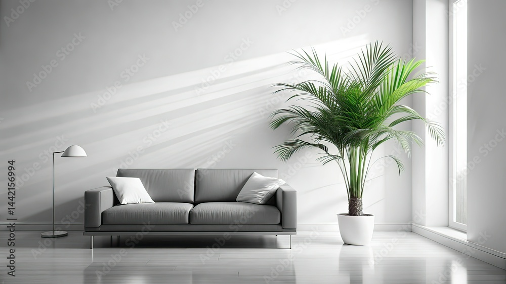 Minimalist Black and White Living Room with Palm Tree - Long Exposure Photo
