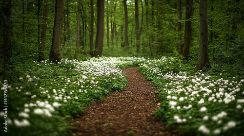 Obraz na płótnie Enchanting woodland path fringed by a vibrant display of flourishing wild garlic w salonie