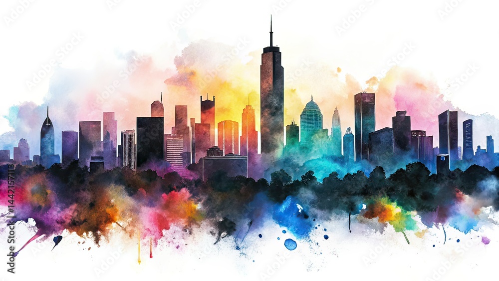 Minimalist Black Watercolor Skyline, Urban Landscape, Copy Space