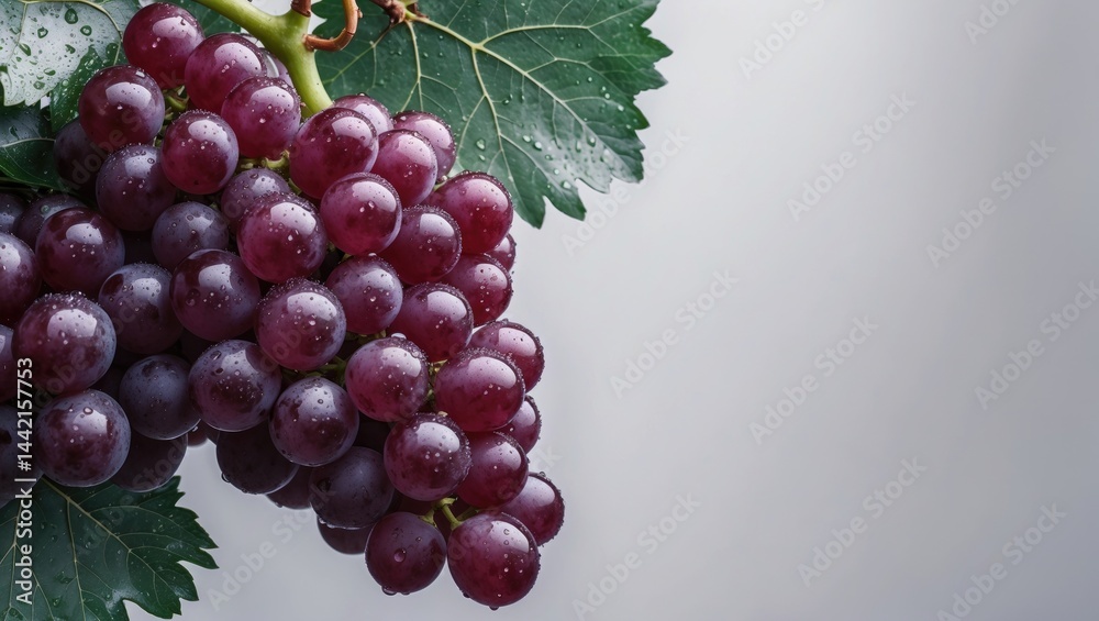 Fototapeta premium Small red table grape cluster featuring grape leaves wet with water droplets.
