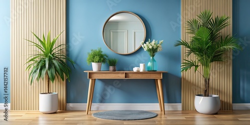 Obraz na płótnie Minimalist Entryway AI Photo, Modern Console Table, Round Mirror w salonie