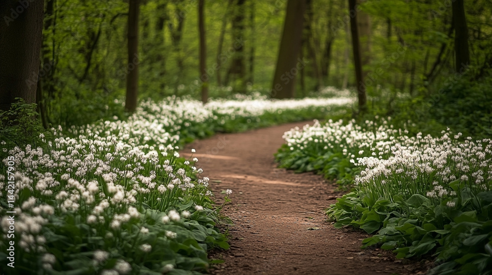 Idyllic pathway through a blossoming forest landscape offering serenity