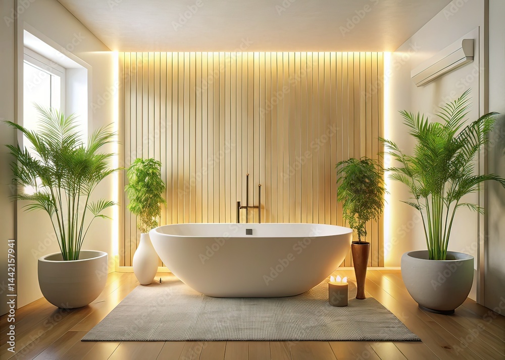 Minimalist Glowing Bathroom, Bamboo, White Tub - AI Photo