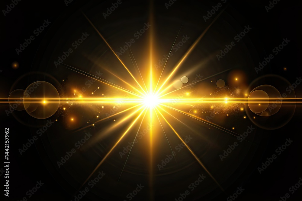 Minimalist Gold Lens Flare Horizontal Black Background AI Photo