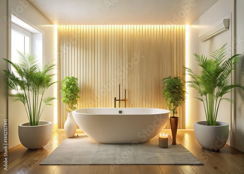 Obraz na płótnie Minimalist Glowing Bathroom, Bamboo, White Tub - AI Photo w salonie
