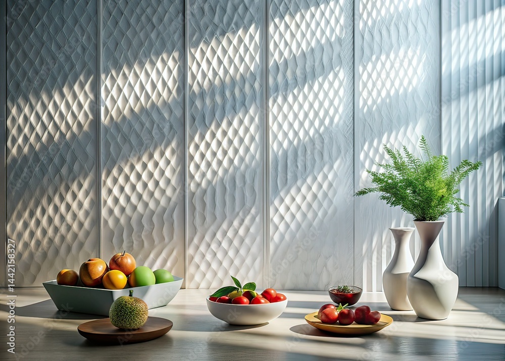 Minimalist Interior, Sunlight Shadows, Textured Wall, Food Photography