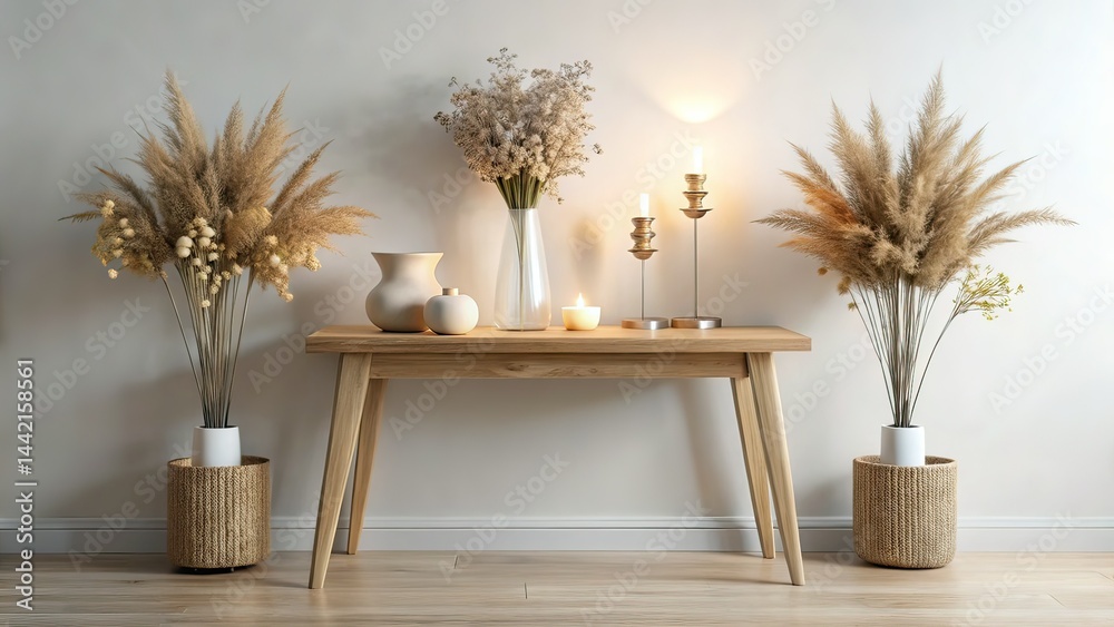Minimalist Living Room Console Table with Dried Flowers